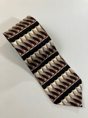 Vintage Mosaic Men’s 100% Silk Necktie 58” Geometric Brown Black Tan Made Korea